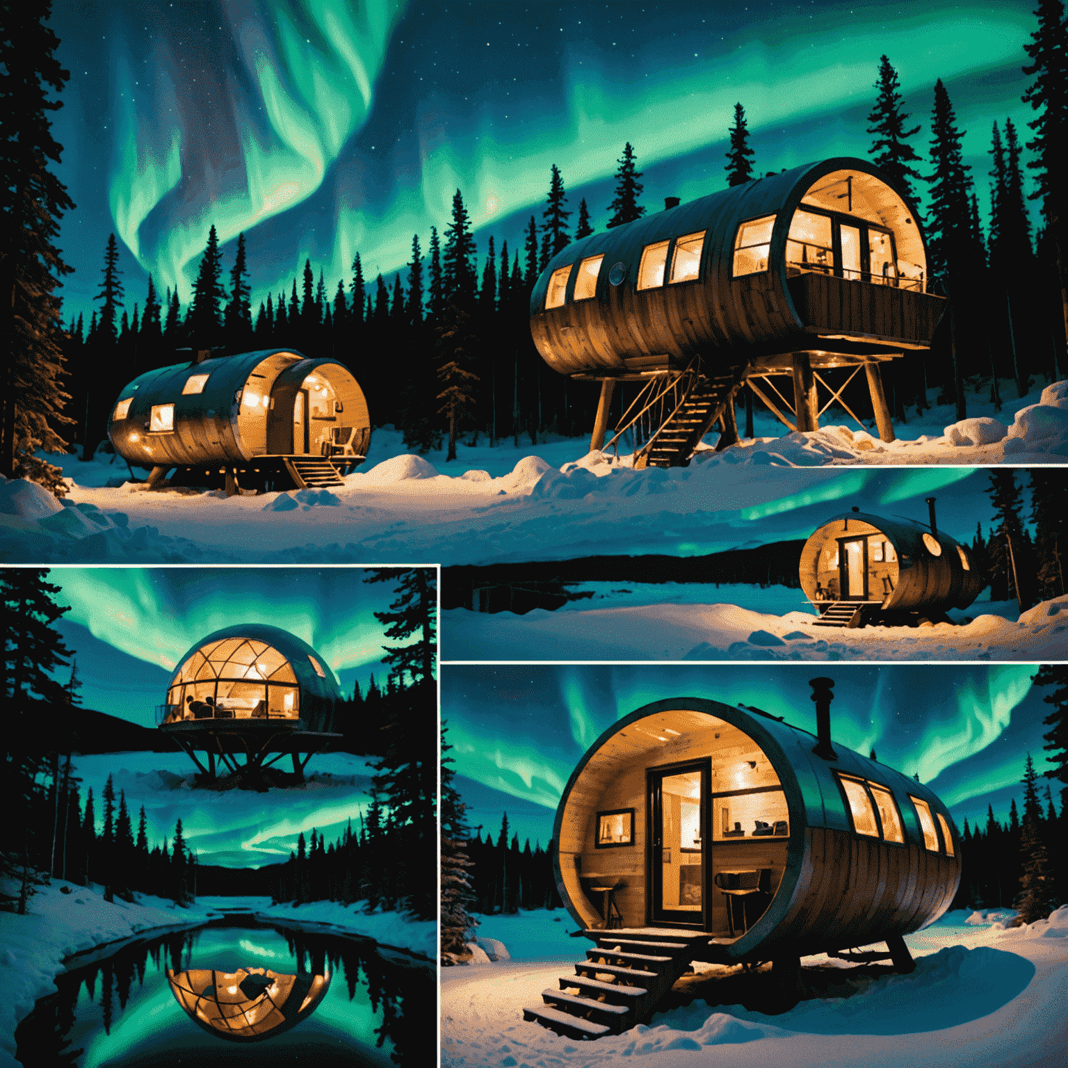 A collage of unique and unusual accommodations, including a treehouse hotel, an underwater suite, a converted airplane, and a glass igloo under the northern lights