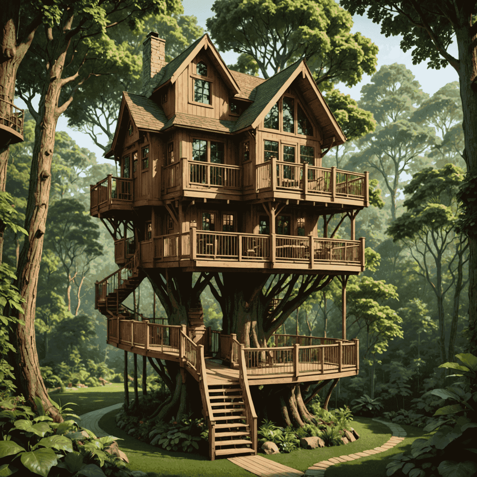 A luxurious treehouse nestled in a lush forest canopy, with a wooden balcony overlooking the treetops and a cozy interior visible through large windows.