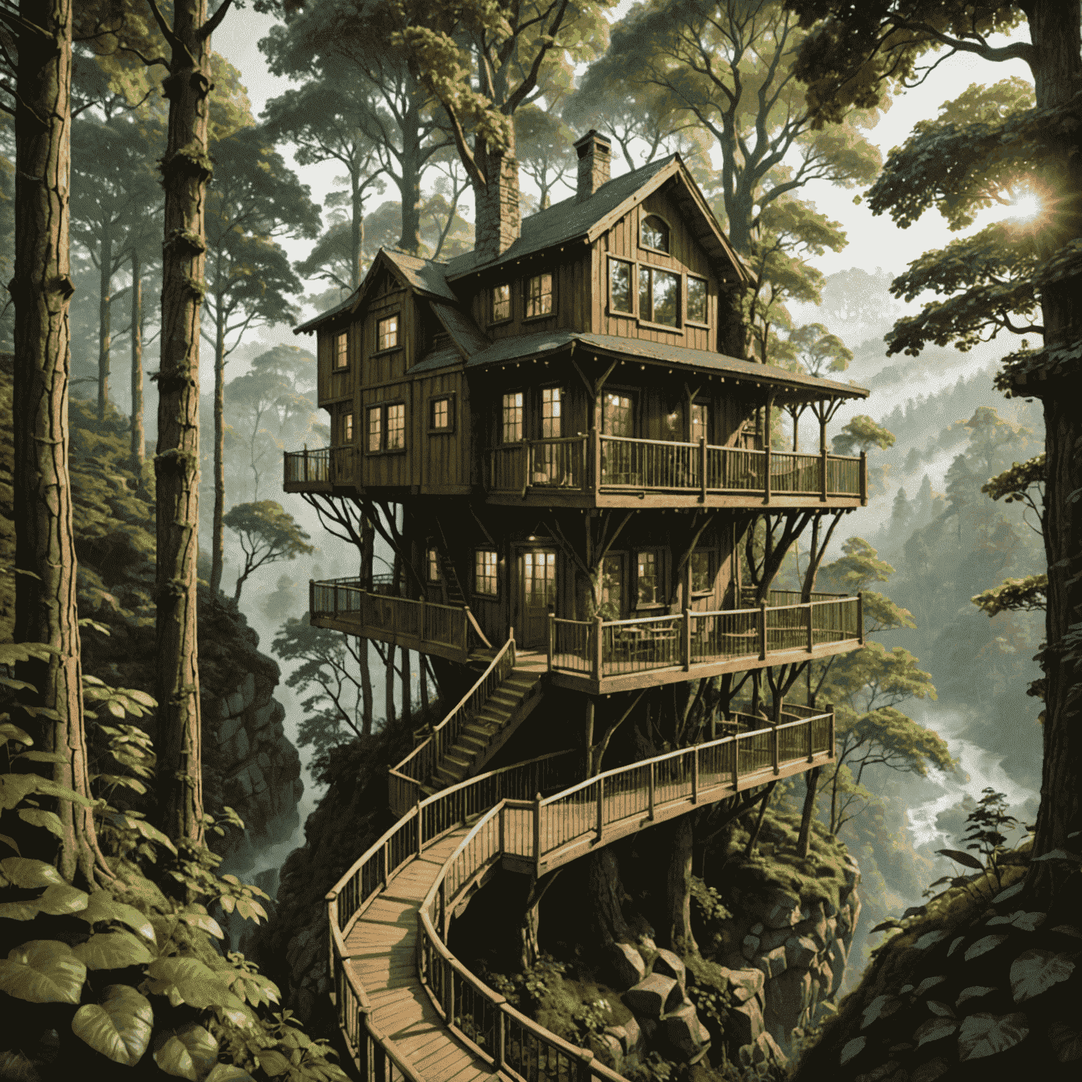 A luxurious treehouse nestled in a lush forest canopy, with a wooden balcony overlooking a misty valley. The treehouse features large windows, a cozy interior visible through them, and is connected by a rope bridge to other trees.