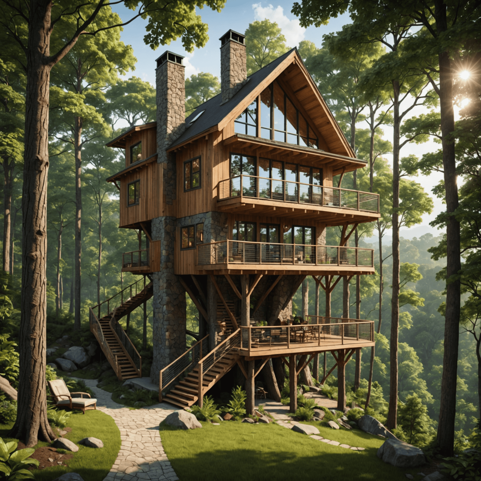 A luxurious treehouse nestled in a lush forest canopy, with a wrap-around balcony and floor-to-ceiling windows offering panoramic views of the surrounding nature. The treehouse features a blend of rustic wood elements and modern amenities, creating a perfect harmony between comfort and wilderness.