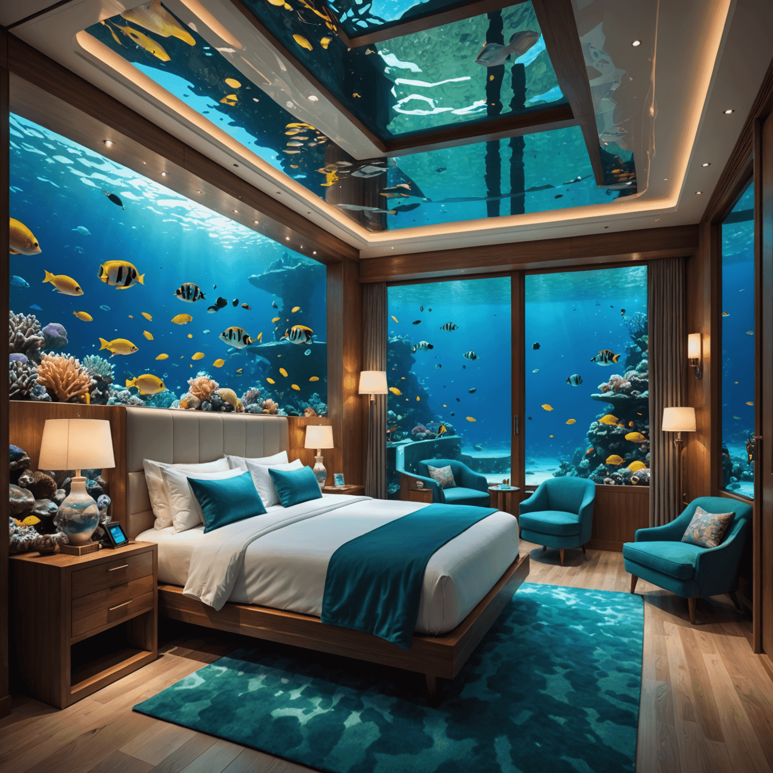 A luxurious underwater hotel room with transparent walls, showcasing colorful fish and coral reefs surrounding the bed