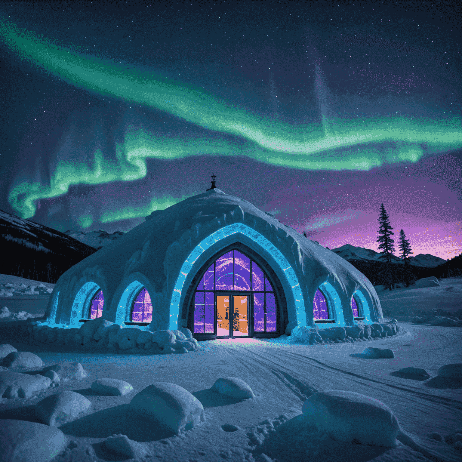 Exterior view of a majestic ice hotel glowing with blue and purple lights against a starry night sky, with Northern Lights visible in the background