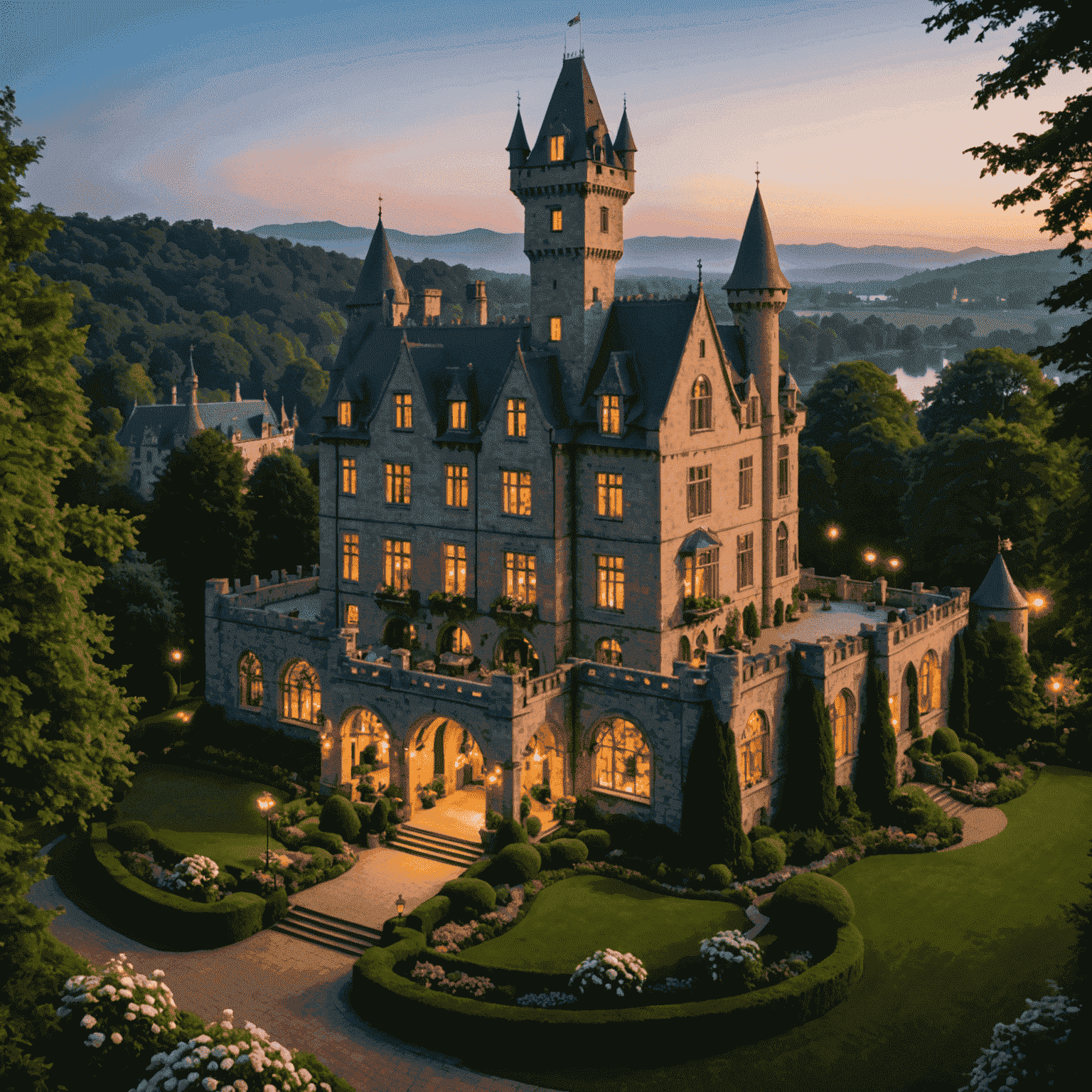 A majestic castle hotel with turrets and towers, surrounded by lush gardens and illuminated at dusk, showcasing its grandeur and romantic ambiance