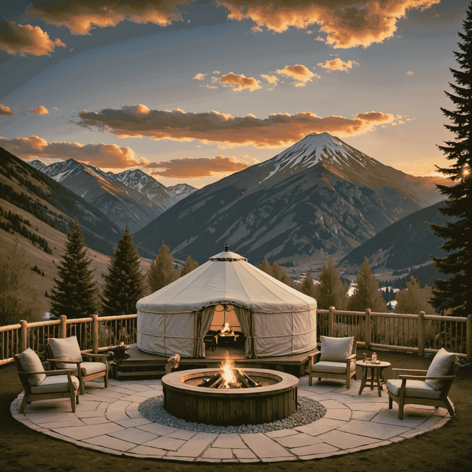 A luxurious yurt set against a breathtaking mountain landscape at sunset, with a cozy outdoor seating area and fire pit in the foreground