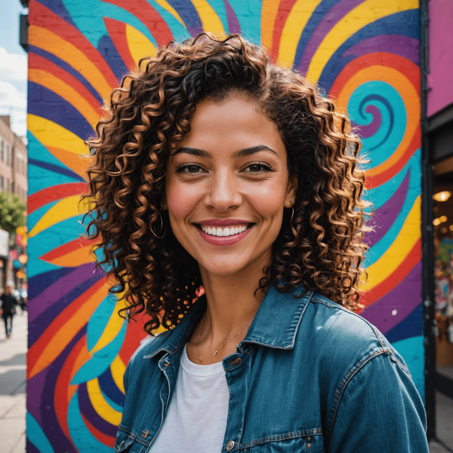 Portrait of Jane Doe, a woman in her 30s with curly hair and a bright smile, standing in front of a colorful mural in a vibrant city street