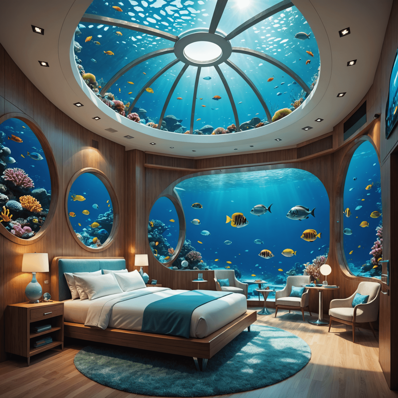 A futuristic underwater hotel room with transparent dome ceiling and walls, showcasing colorful coral reefs and exotic fish swimming by.