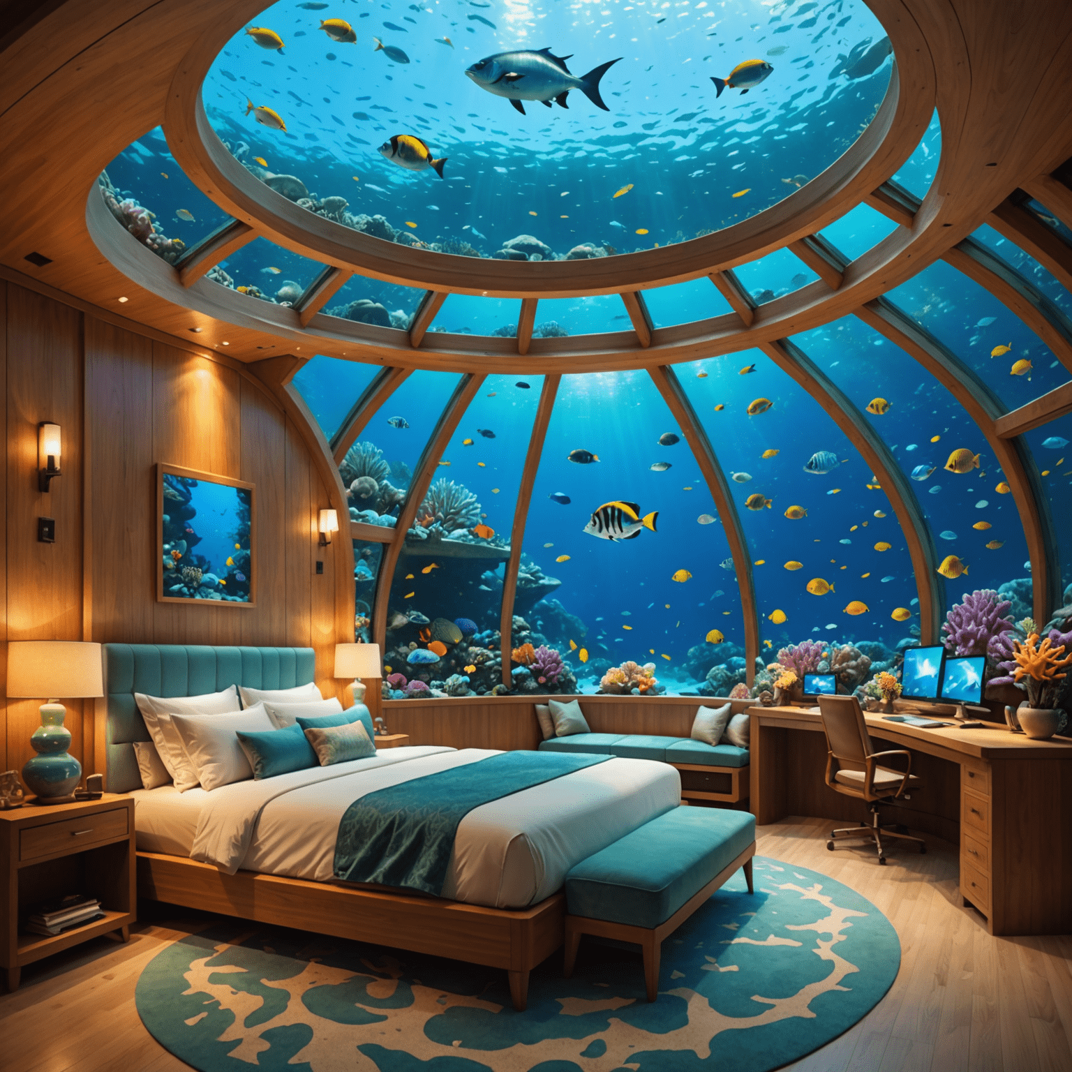 A transparent dome-shaped underwater hotel room surrounded by vibrant coral reefs and colorful fish. The room features a large bed facing the underwater view, with soft lighting creating a magical atmosphere.