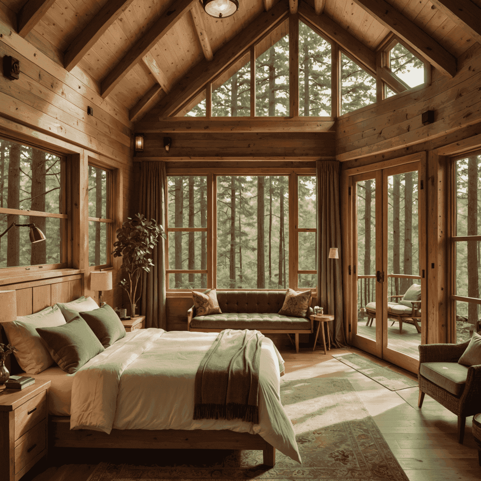 Interior of a luxurious treehouse bedroom with a king-size bed, featuring natural wood finishes, large windows overlooking the forest, and soft, earth-toned linens