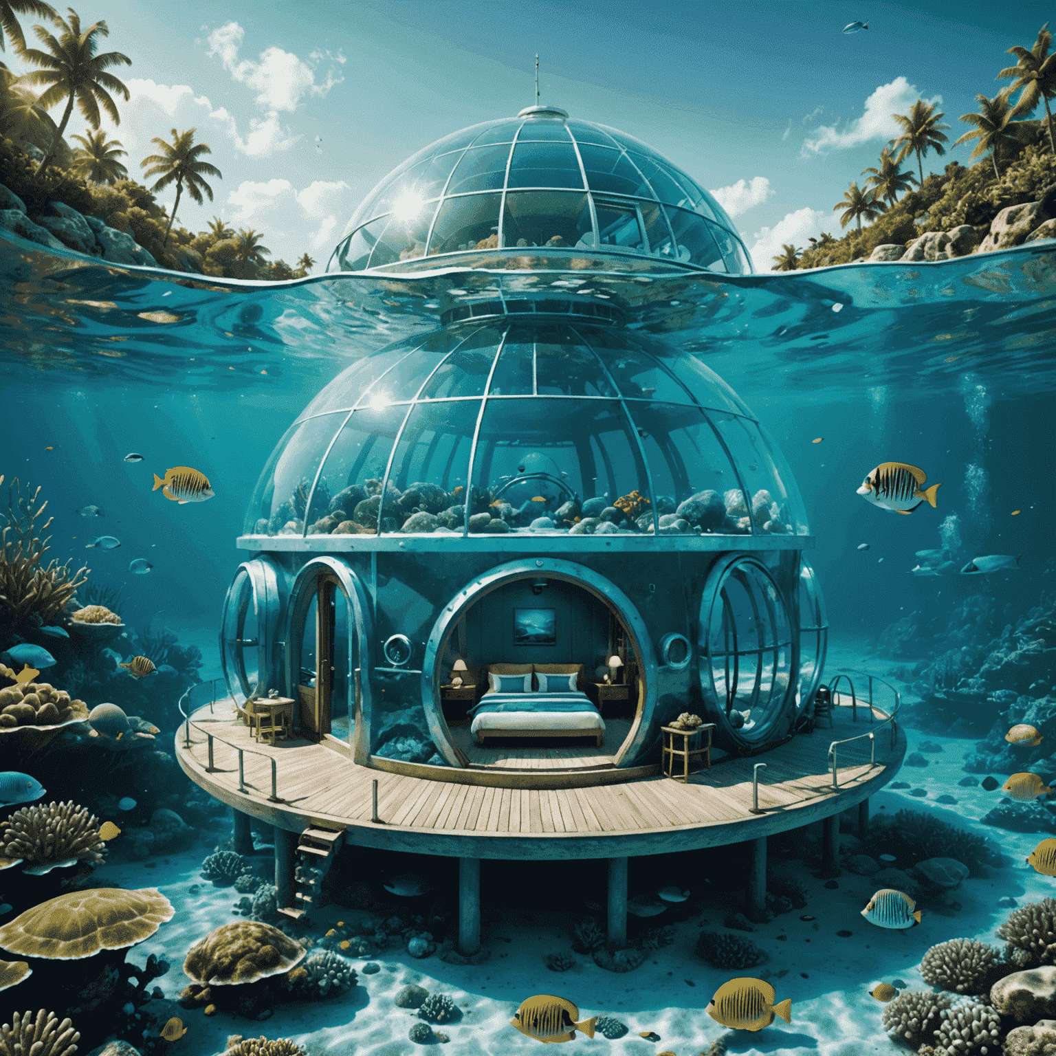 An exterior view of an underwater hotel, showing multiple glass domes submerged in crystal-clear turquoise waters