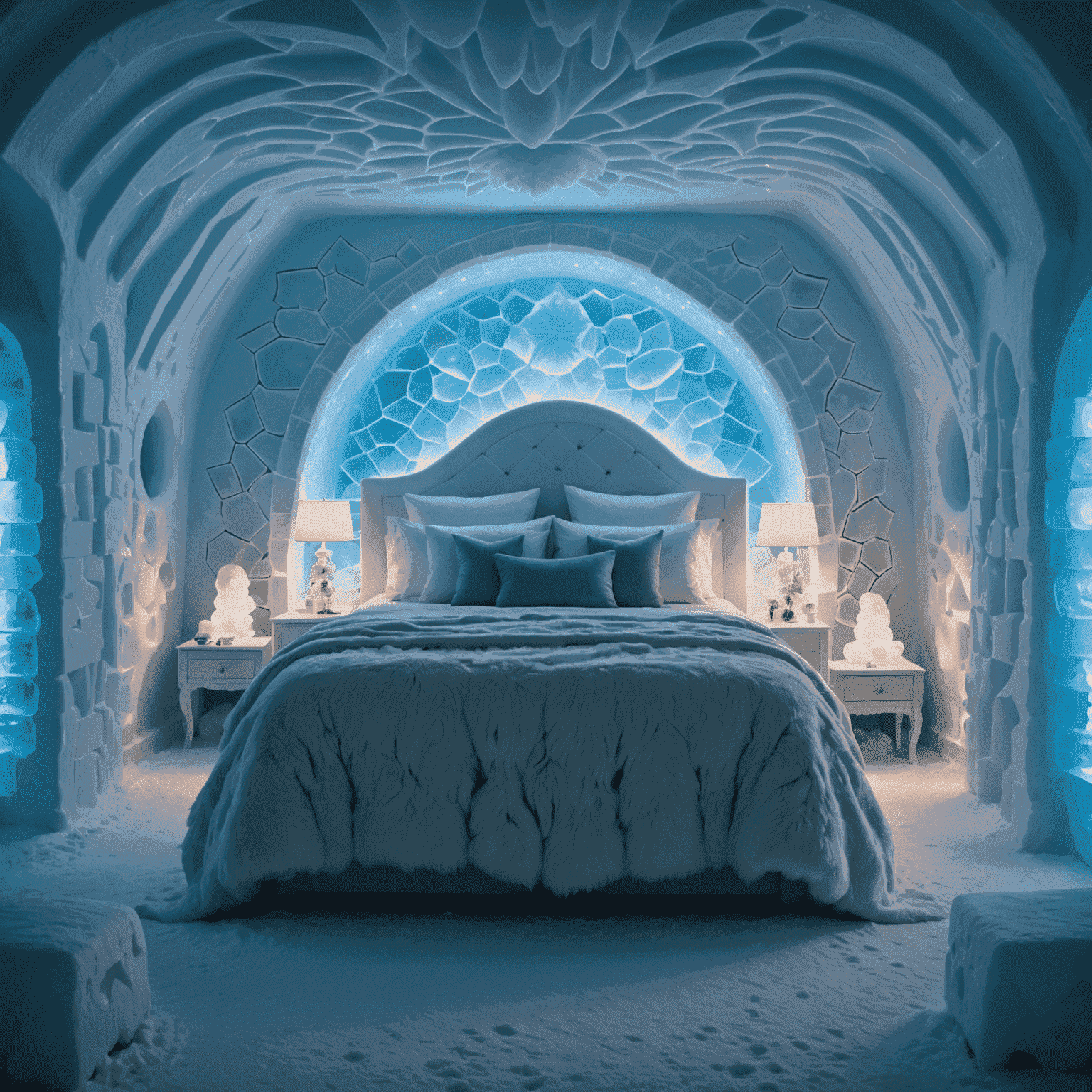 Interior of an ice hotel suite with a beautifully carved ice bed, fur blankets, and ice sculptures illuminated by soft, colorful lighting