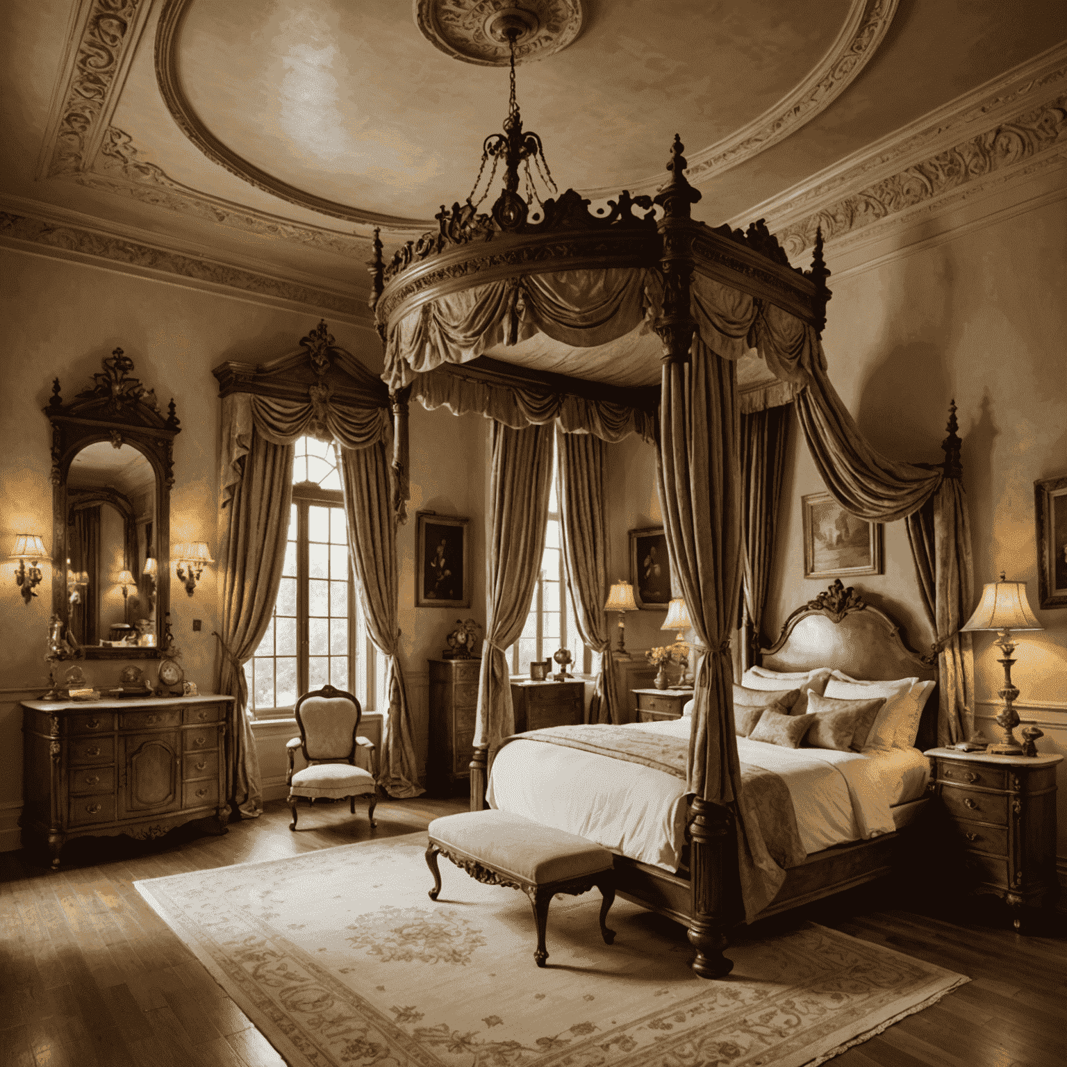 An elegant castle bedroom with a canopy bed, antique furniture, and modern amenities seamlessly integrated into the historical decor