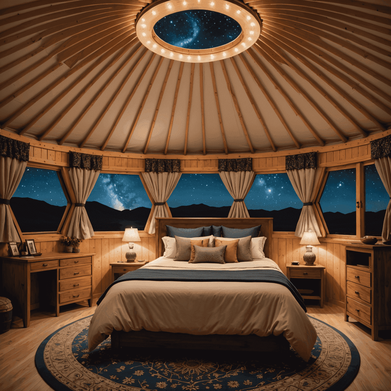 Interior of a luxurious yurt featuring a king-size bed, elegant furnishings, and a skylight offering a view of the starry night sky