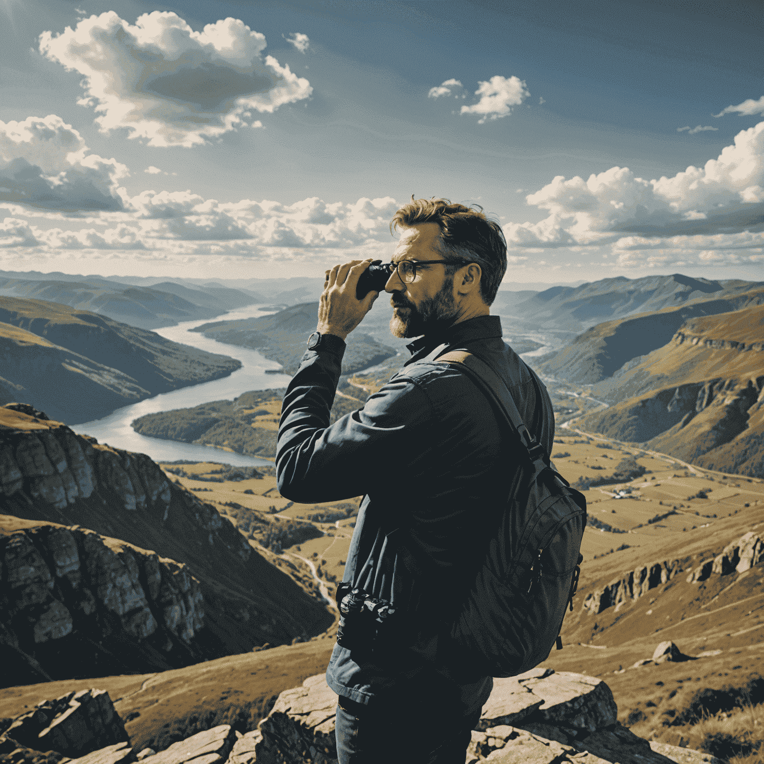 Portrait of John Smith, a man in his 40s with glasses and a beard, photographing a stunning landscape from a mountain viewpoint