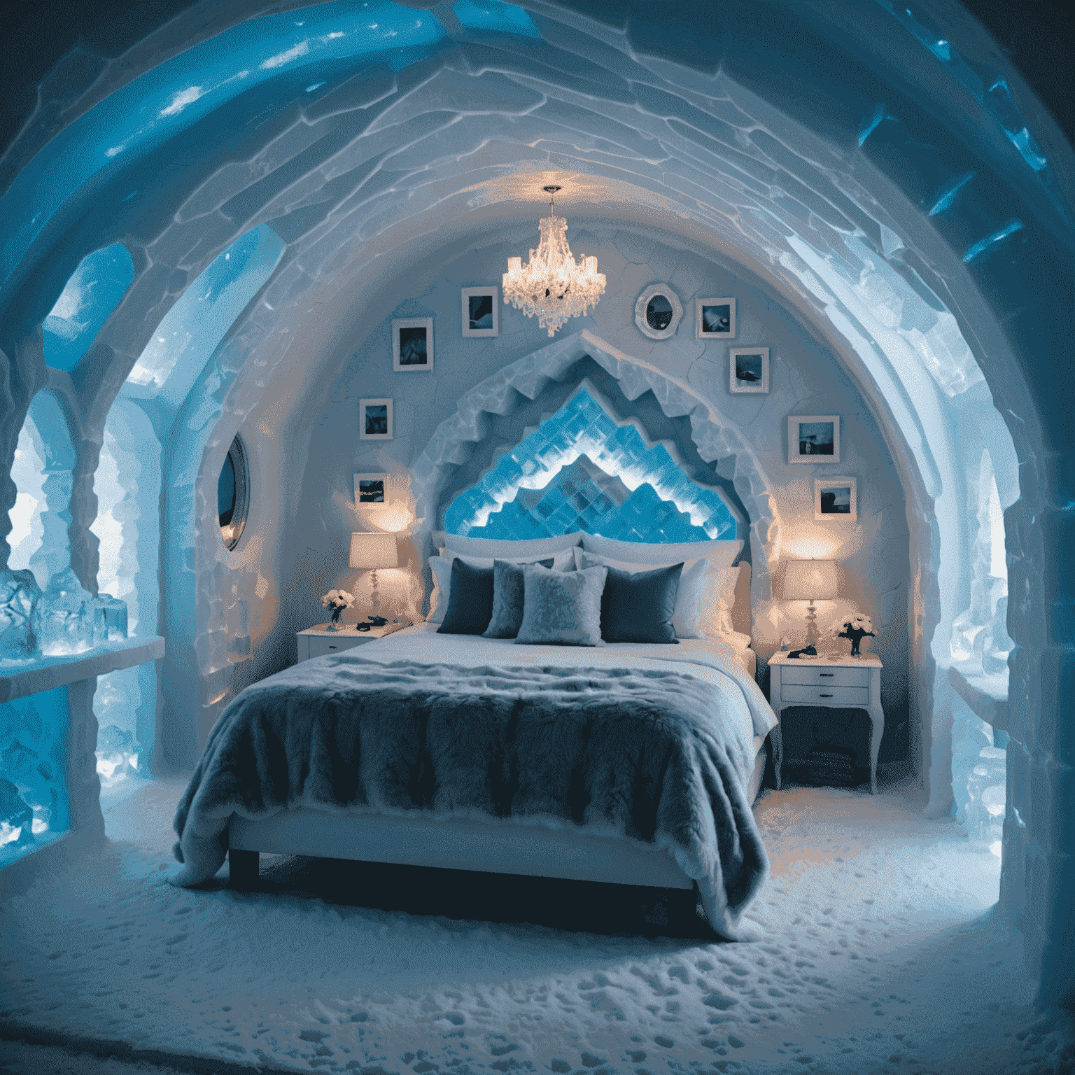 A stunning ice hotel suite with intricate ice sculptures, a bed made of ice covered in fur blankets, and softly glowing lights creating a magical atmosphere.