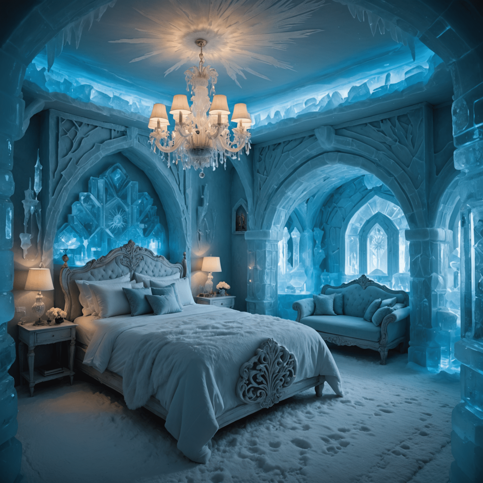 An intricately carved ice hotel room with ice sculptures, a bed made of ice covered in warm furs, and soft blue lighting creating a magical glow. Icy chandeliers hang from the ceiling, adding to the ethereal atmosphere.