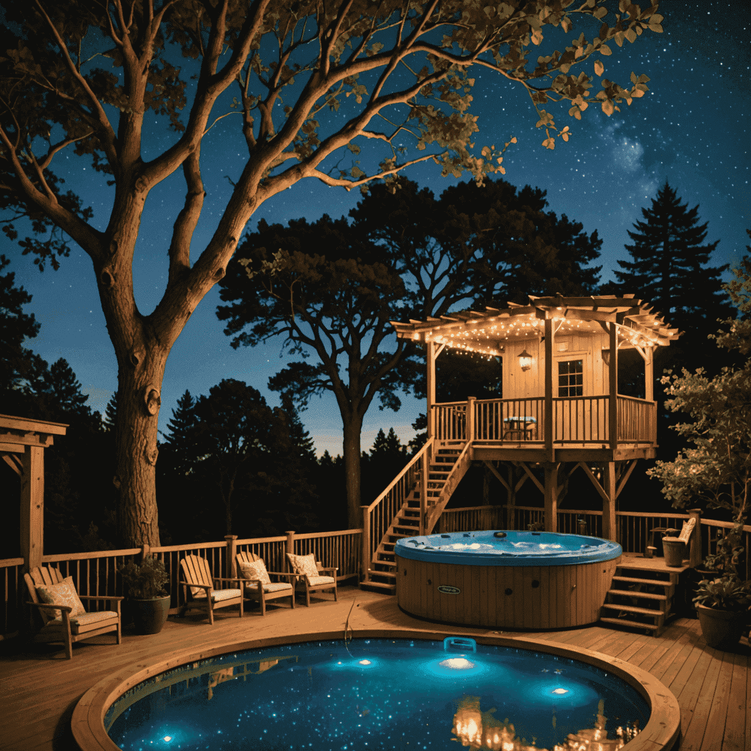 A treehouse's outdoor deck with a private hot tub, surrounded by twinkling fairy lights and offering a stunning view of a starry night sky through the tree branches