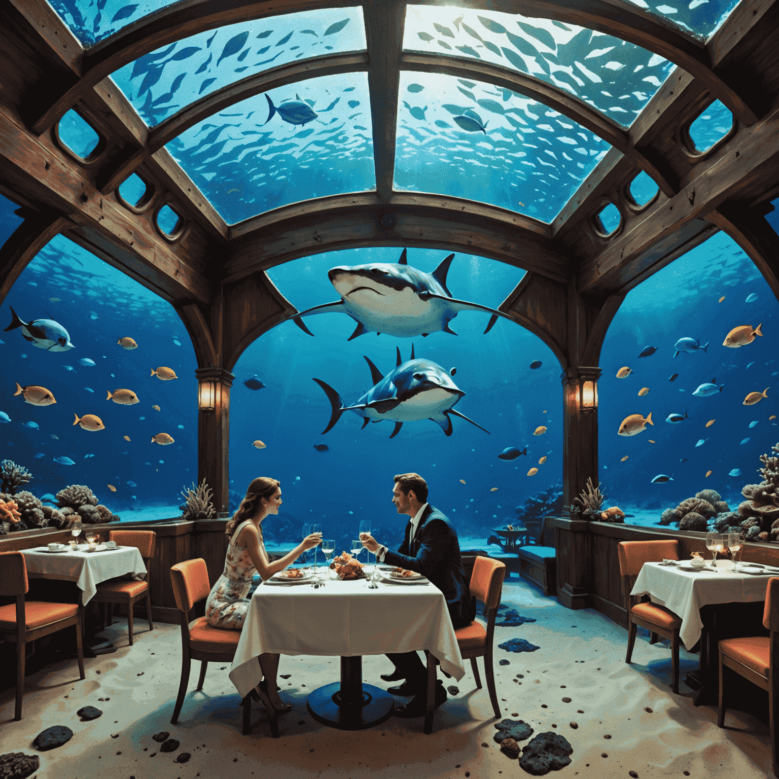 A couple enjoying dinner in an underwater restaurant with panoramic views of a vibrant coral reef and passing manta rays