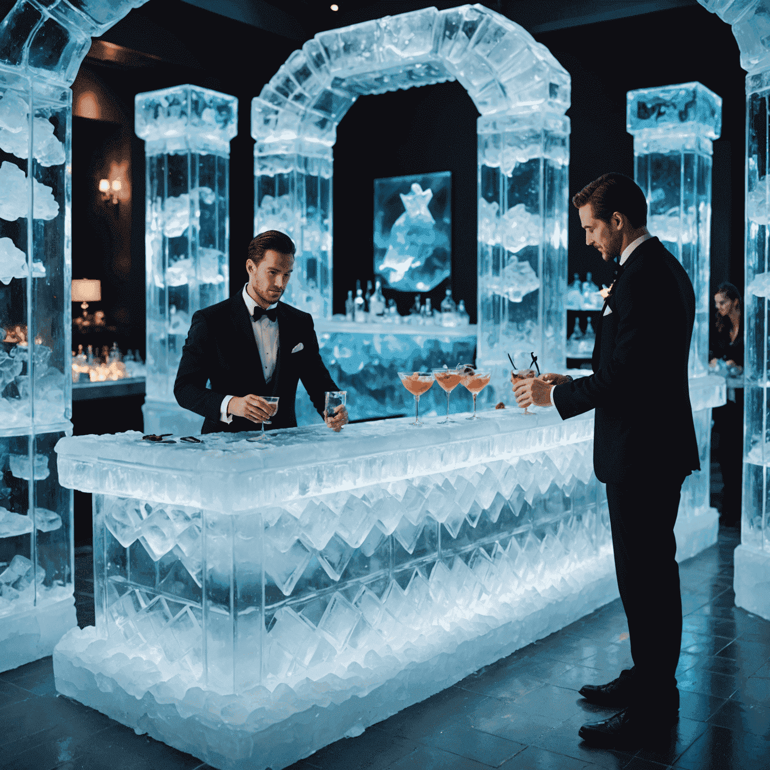 An elegantly designed ice bar with patrons enjoying drinks in ice glasses, surrounded by illuminated ice sculptures and a bartender crafting cocktails