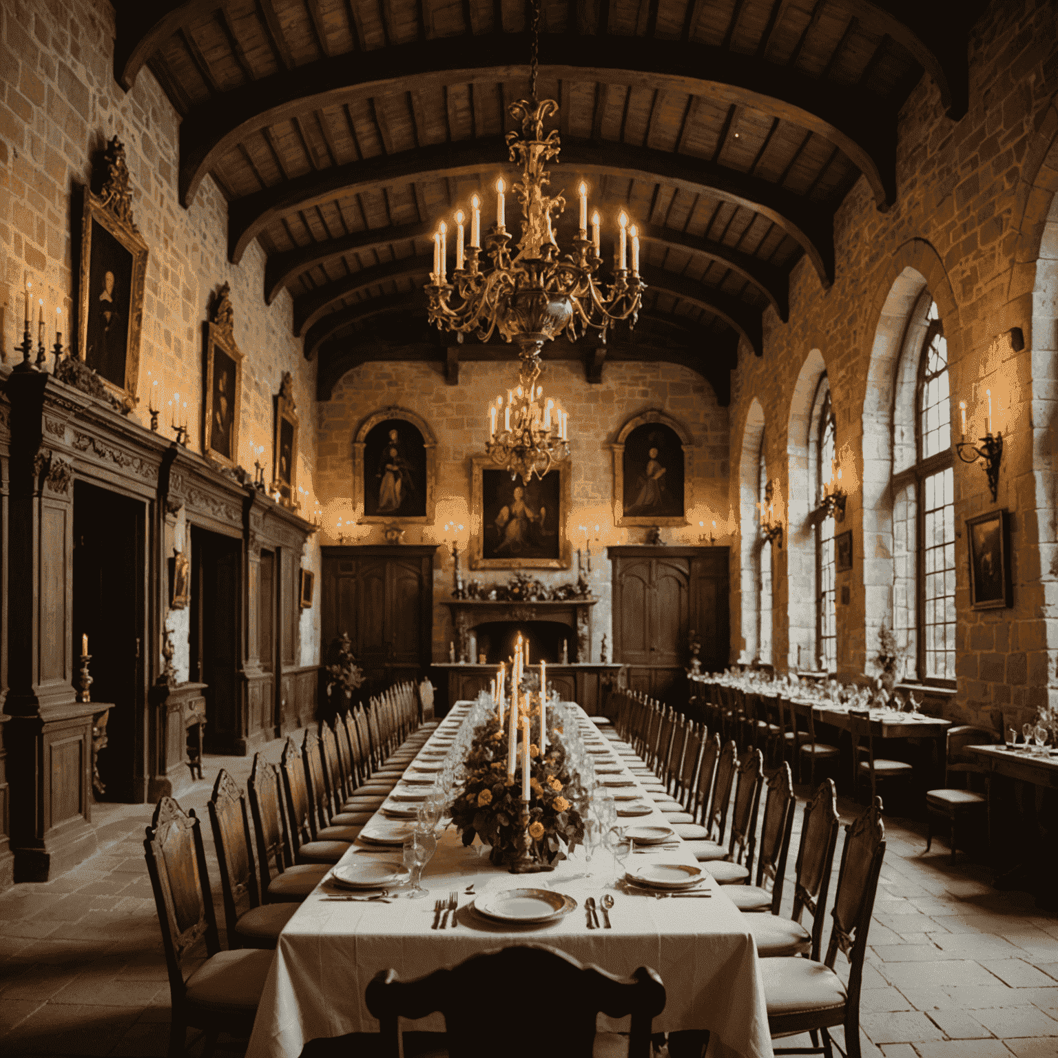 A medieval-style banquet hall in a castle hotel, set for a lavish dinner with long wooden tables, candelabras, and period-costumed staff