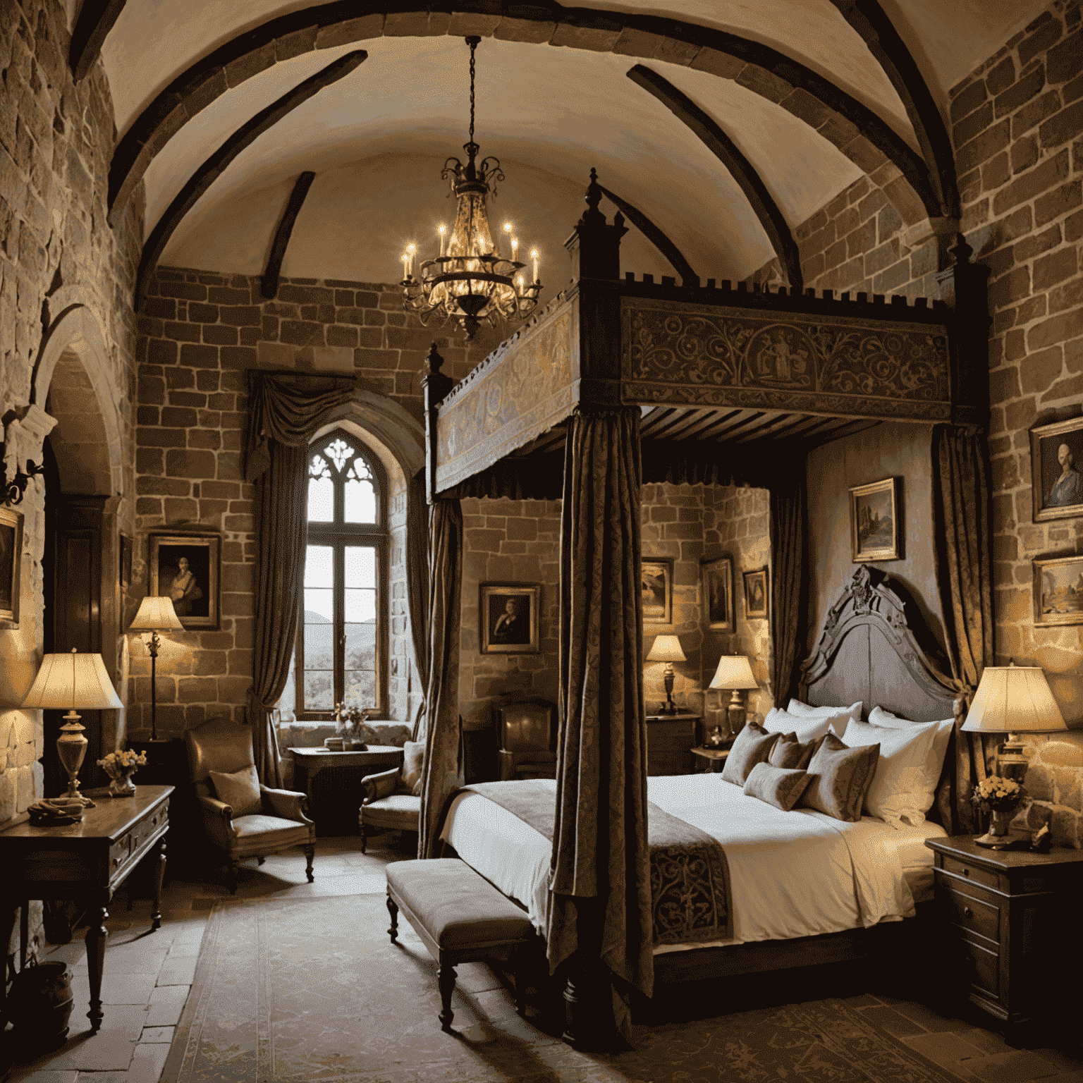 A majestic medieval castle perched on a hilltop, now converted into a luxury hotel. The image shows a grand bedroom with a four-poster bed, tapestries on stone walls, and modern amenities seamlessly integrated into the historical setting.