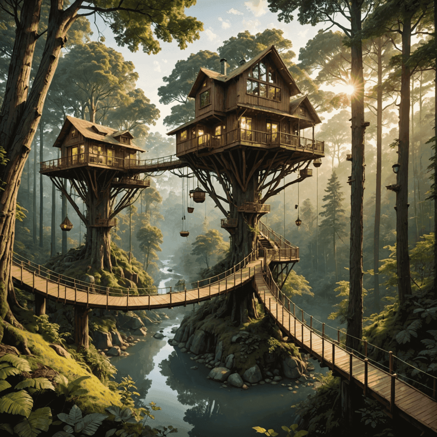 A panoramic view of multiple treehouses connected by suspended bridges, nestled in a misty forest canopy at sunrise, showcasing the harmony between luxury accommodations and untouched nature