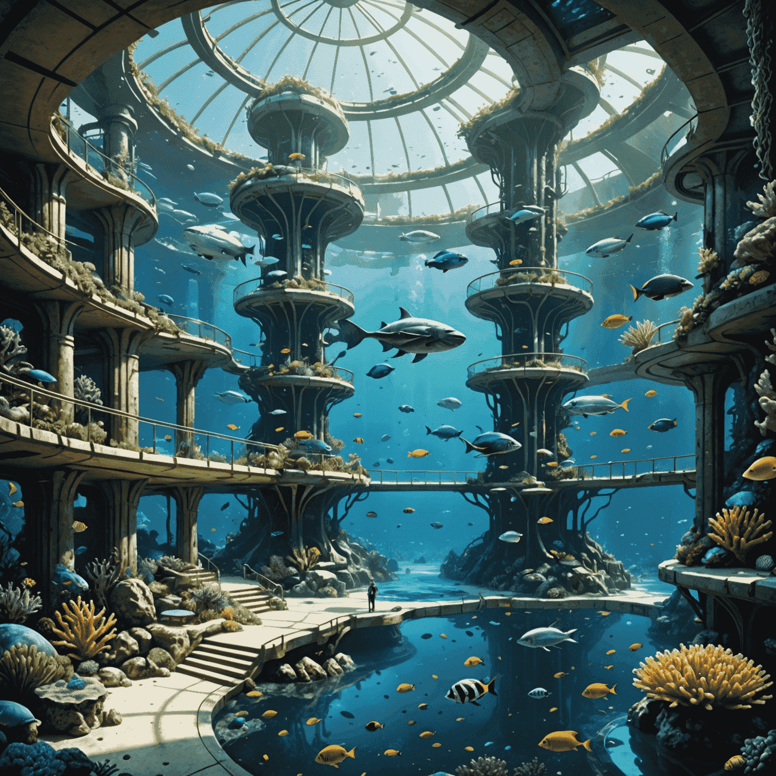 A futuristic concept rendering of a large-scale underwater resort with multiple levels, gardens, and a central atrium filled with marine life