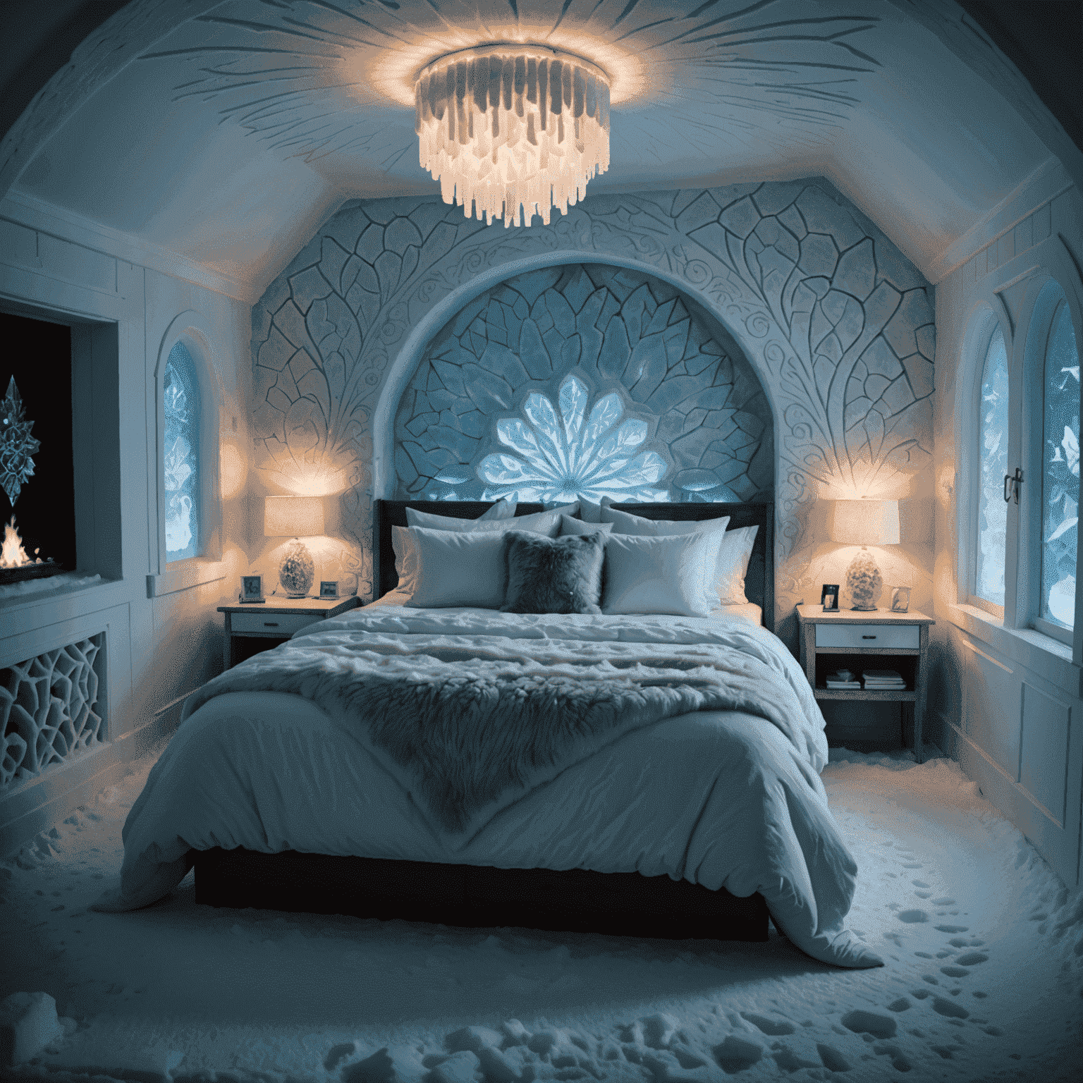 A cozy ice hotel bedroom at night, with soft lighting illuminating intricate ice carvings on the walls and a comfortable bed adorned with thick furs