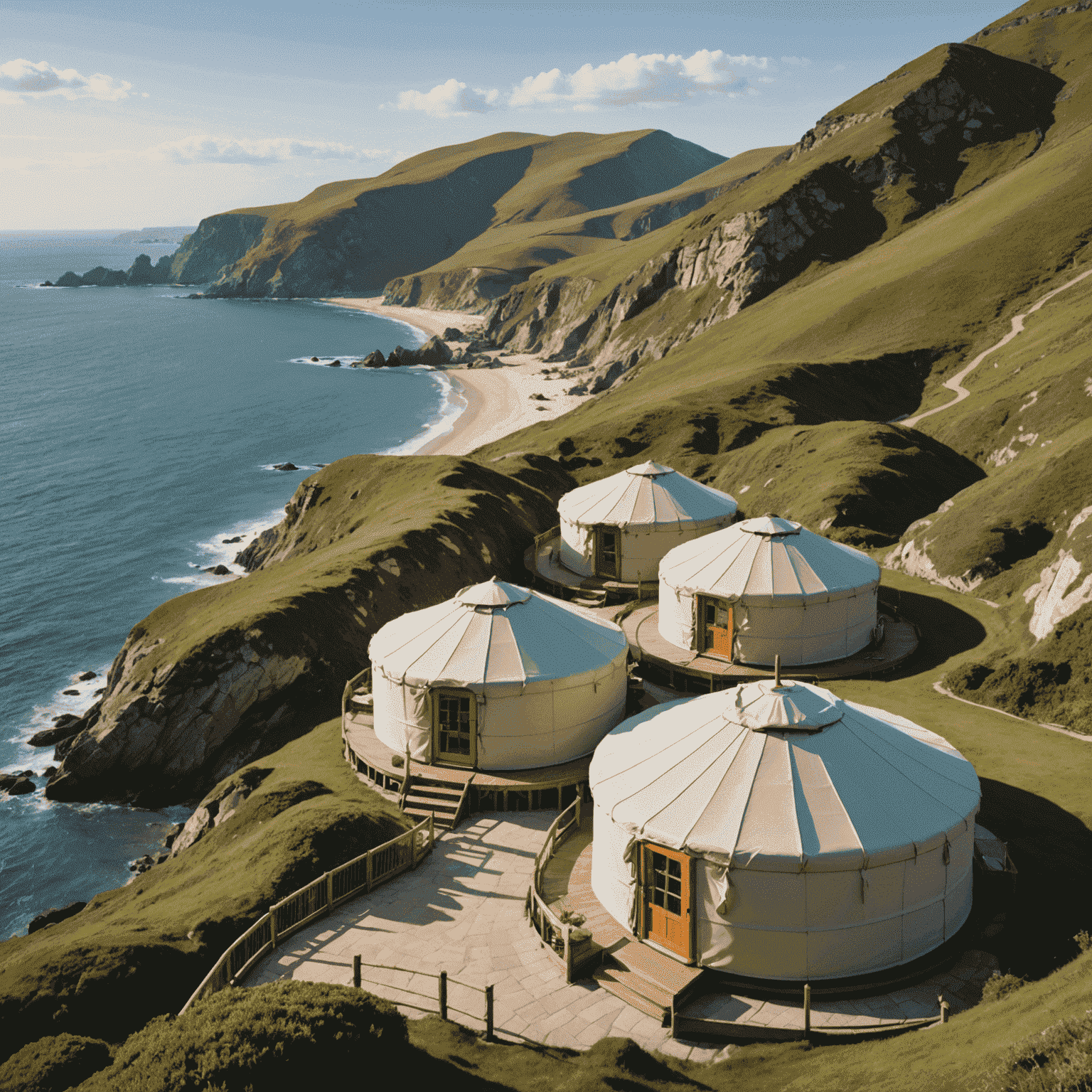 A panoramic view of three luxurious yurts perched on a cliff overlooking a dramatic coastline, with a winding path leading to a private beach below