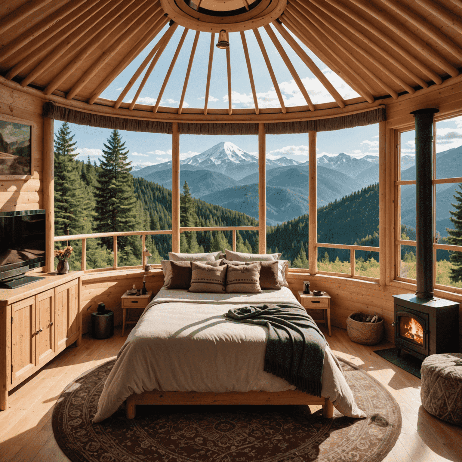 A luxurious yurt set against a backdrop of mountains and forests. The interior visible through the open door shows a plush bed, stylish furnishings, and a wood-burning stove. Outside, a private deck offers stunning views of the natural surroundings.