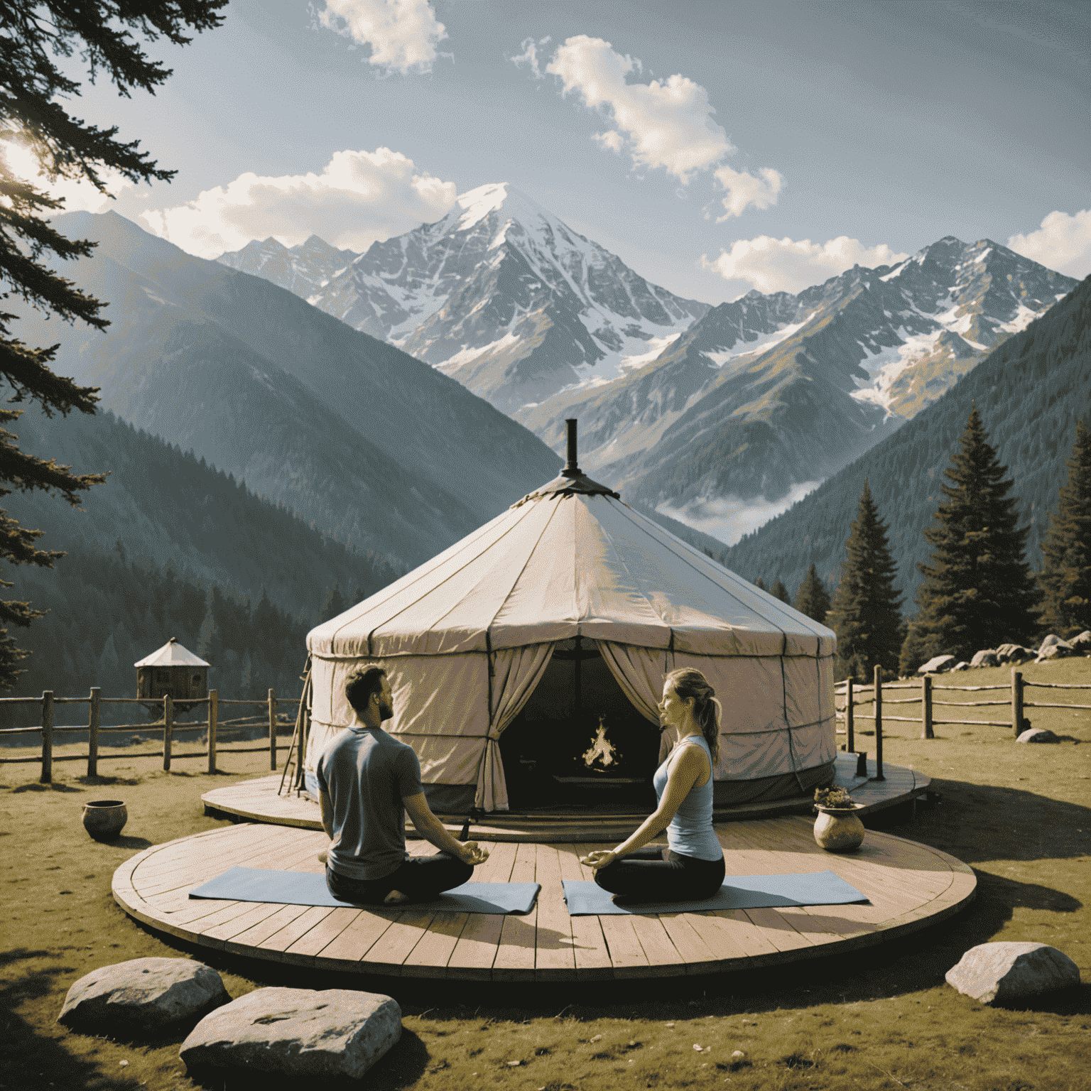 A couple enjoying a private yoga session on a platform outside their yurt, surrounded by misty mountains