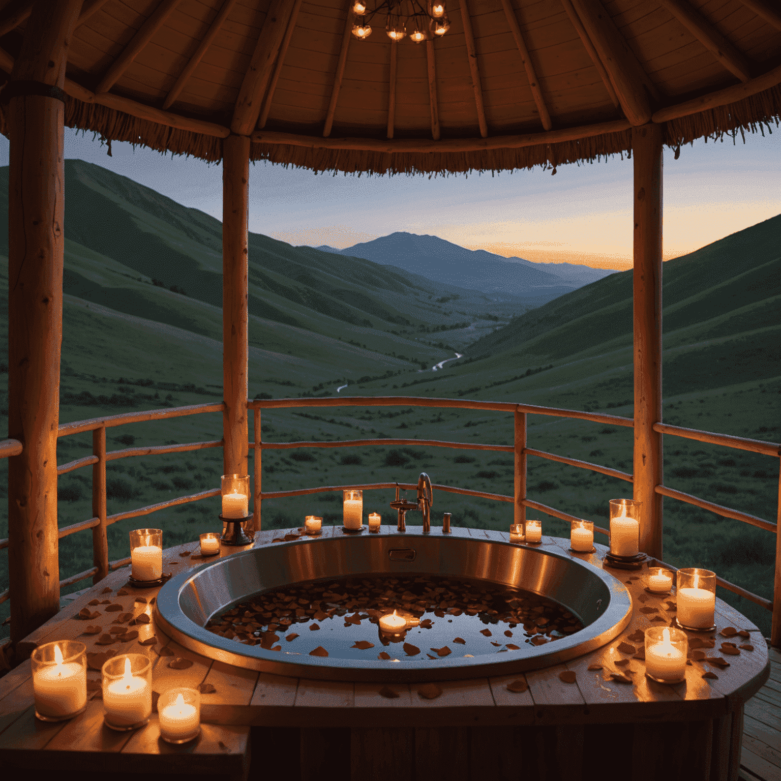 A luxurious outdoor bath set up near a yurt, with candles and rose petals, overlooking a serene valley at dusk